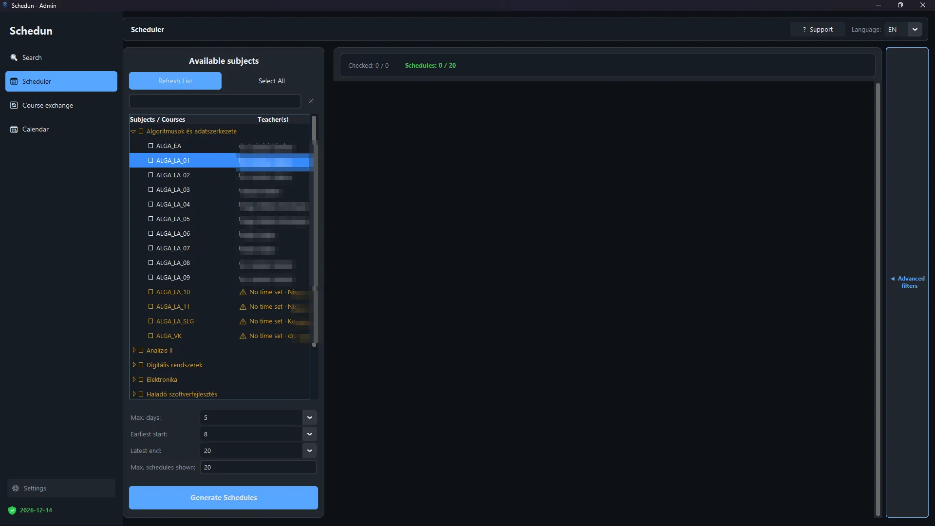 The subject tree expanded, with courses and the teacher column