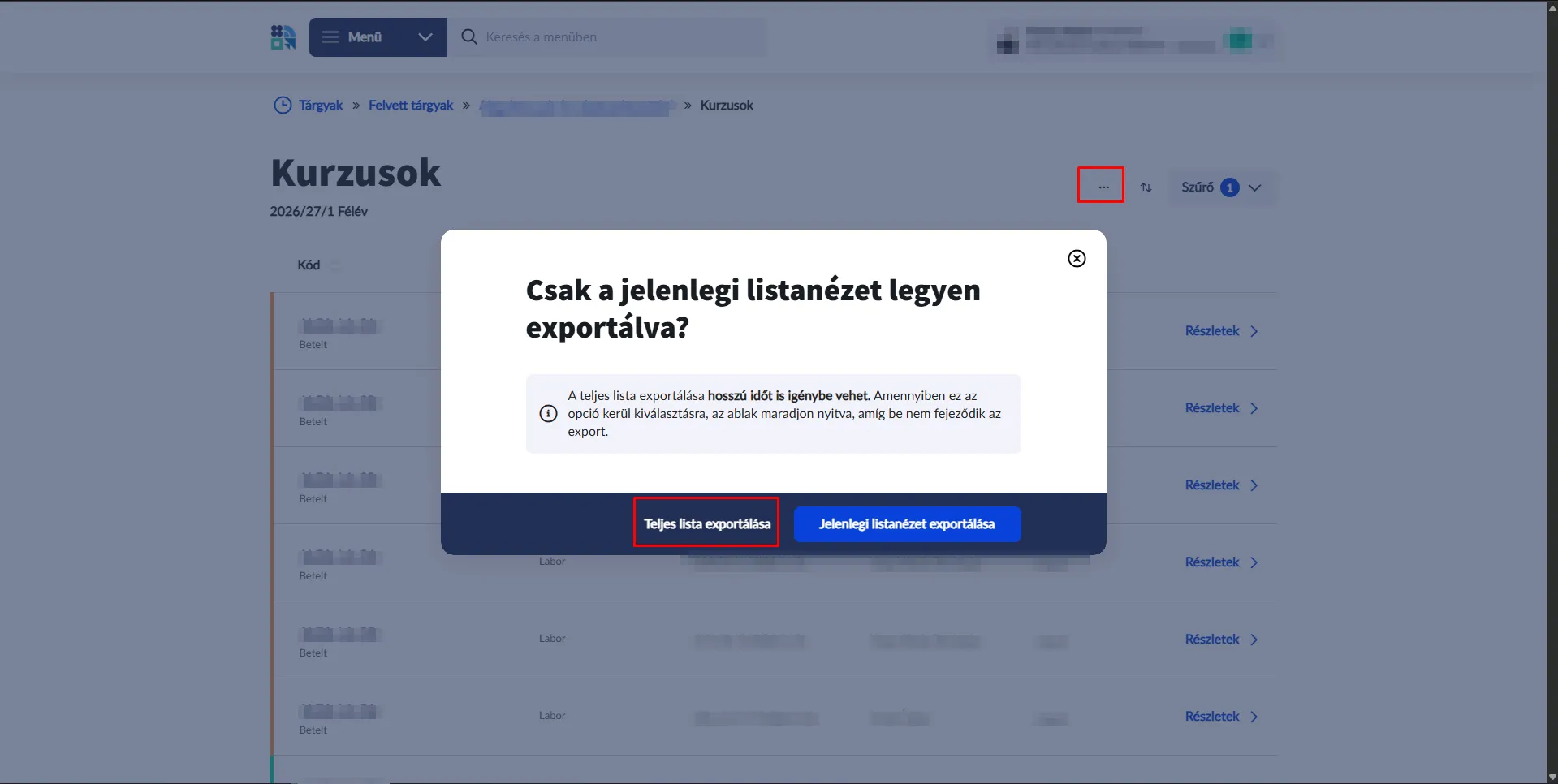 A Kurzusok lista exportálása a Neptunban