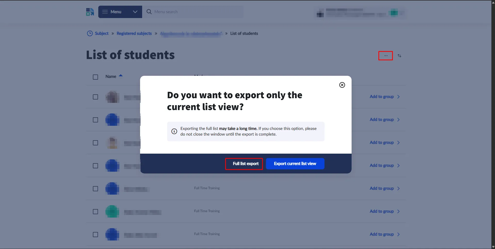 Exporting the student list in Neptun