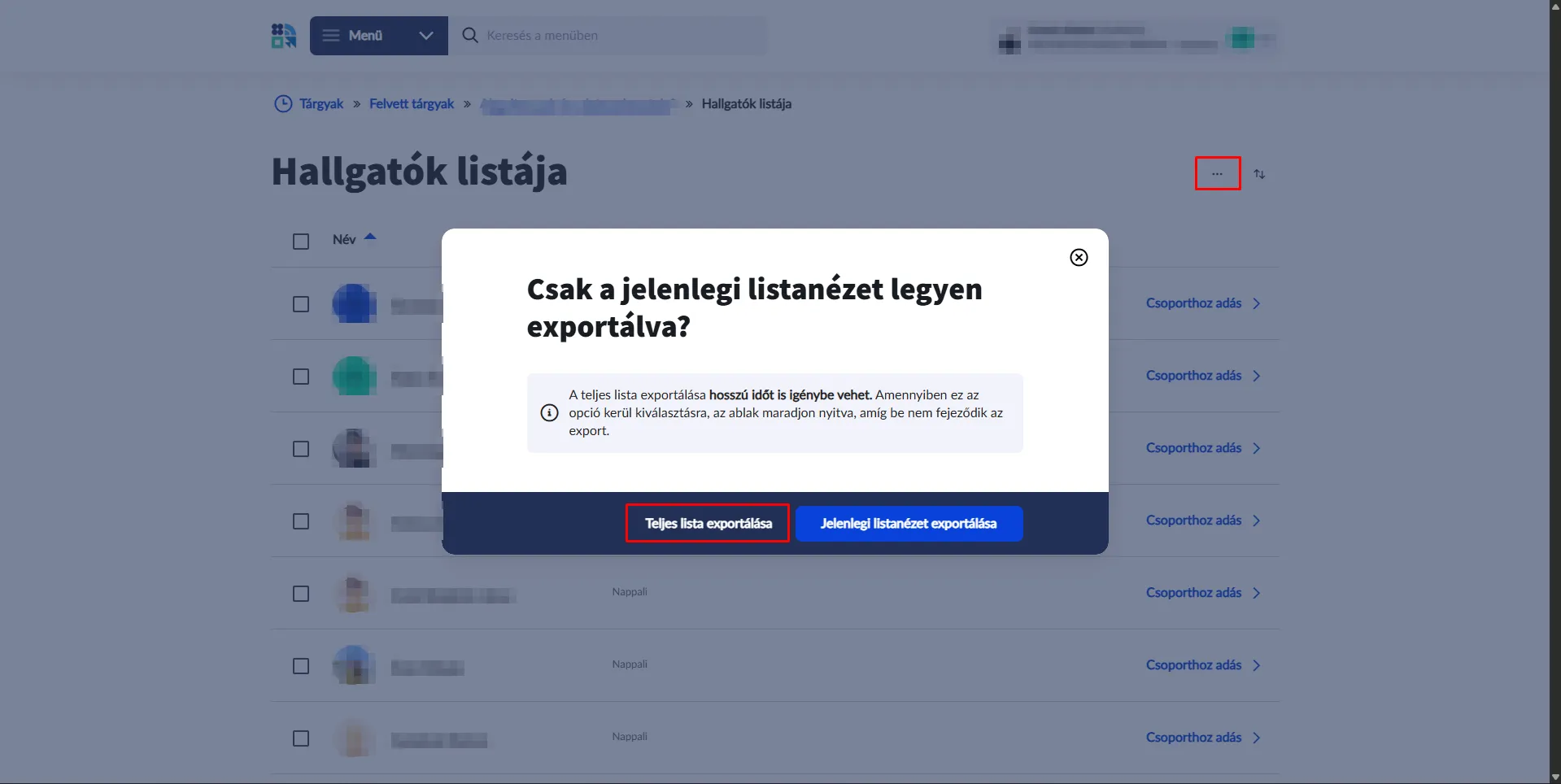 A Hallgatók listájának exportálása a Neptunban