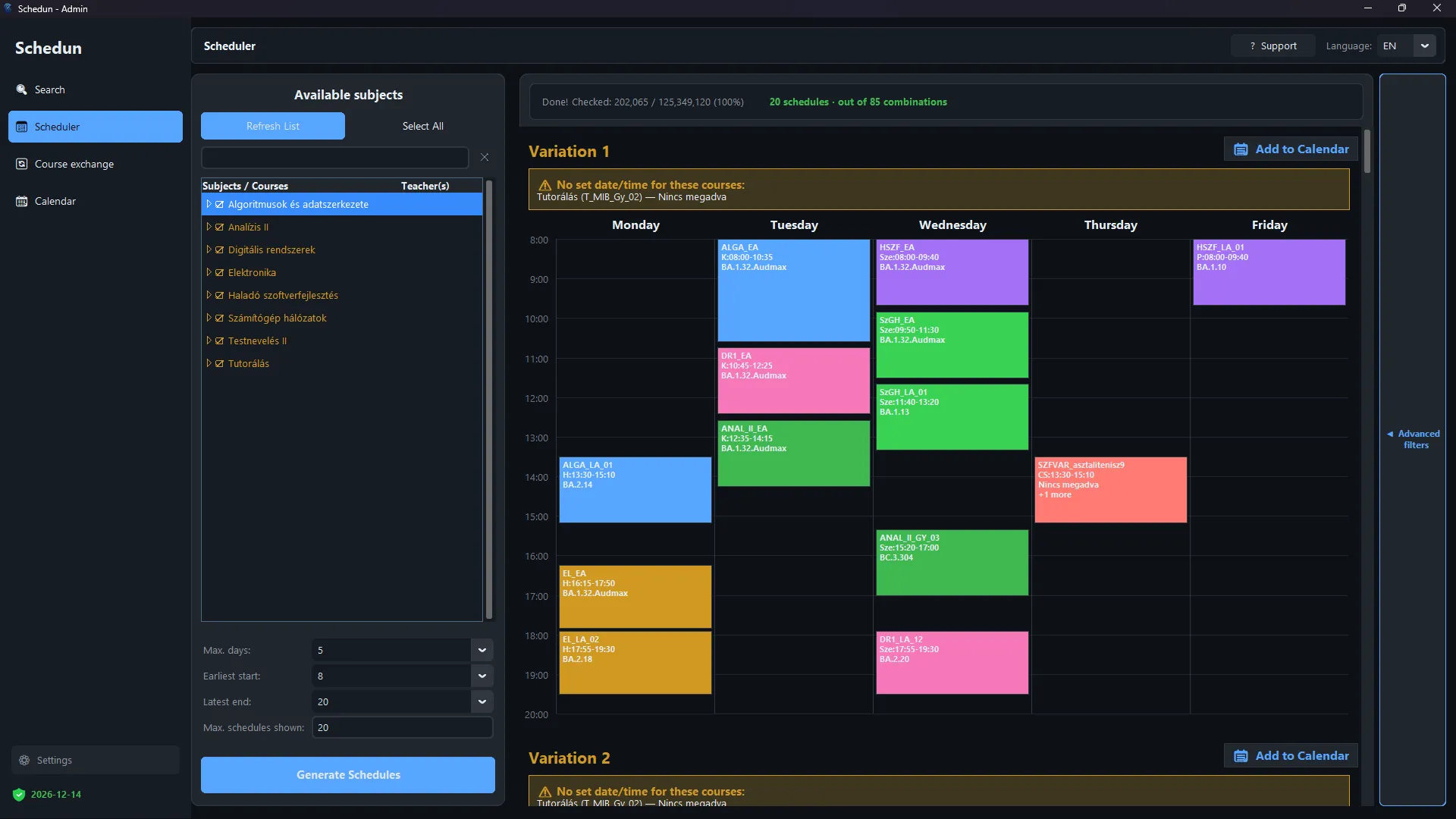 Generated schedule variations on a weekly grid