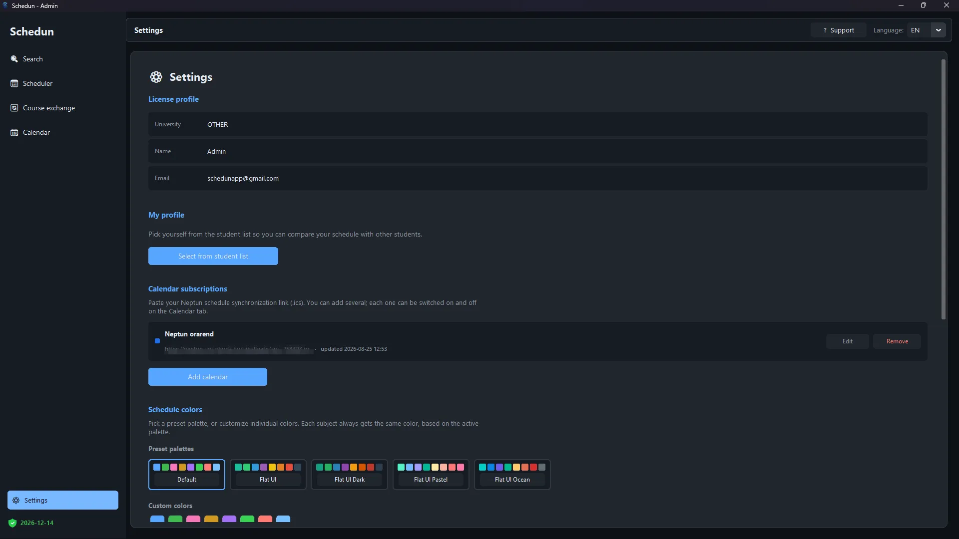 The upper part of Settings